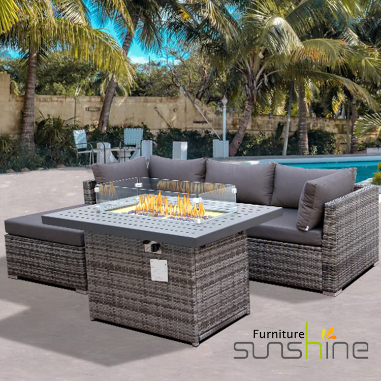 Outdoor Wicker Gas Fire Pit Table Plastic Wood Rectangular Table ...