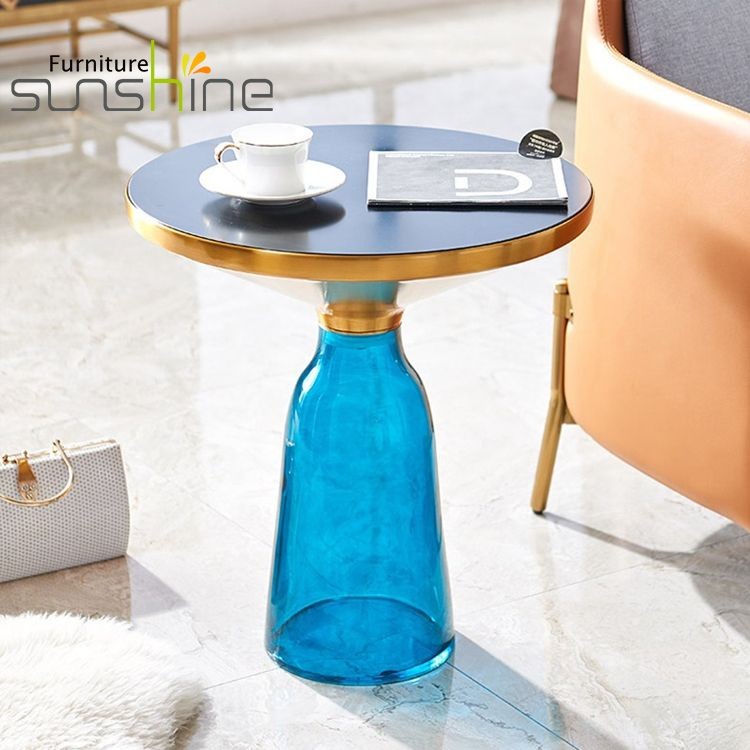 Contemporary Small Round Glass Corner Table Dia50/70 Cm Marble Top ...